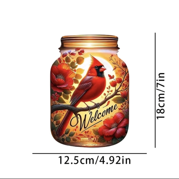 2D Mason Jar "Welcome" Cardinal Suncatchers 6.5" x 5" - Picture 5 of 7